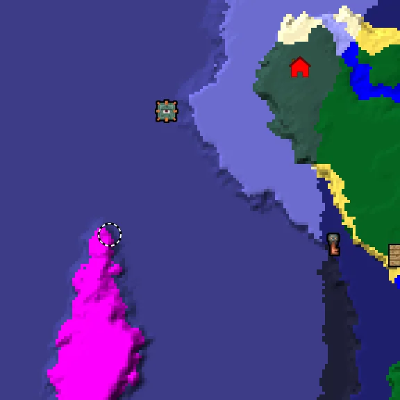 Overworld biome map of seed 29091098865339477 around spawn, with the monument and mushroom fields marked