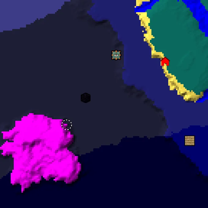 Overworld biome map of seed 3721475279528813 around spawn, with the monument and mushroom fields marked