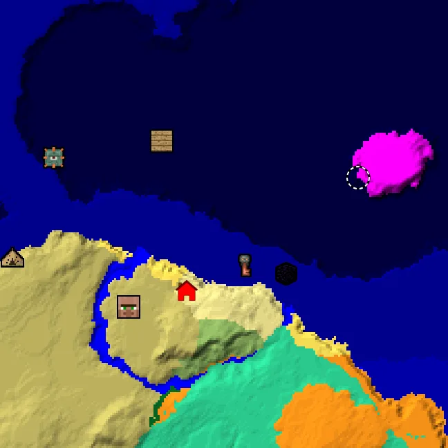Overworld biome map of seed 41006135150685160 around spawn, with the monument and mushroom fields marked