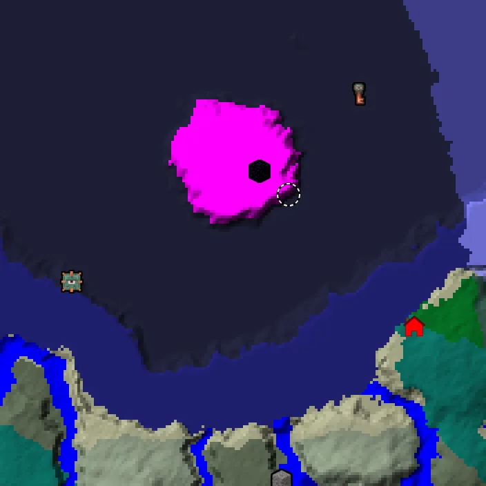 Overworld biome map of seed 7225203405476503 around spawn, with the monument and mushroom fields marked