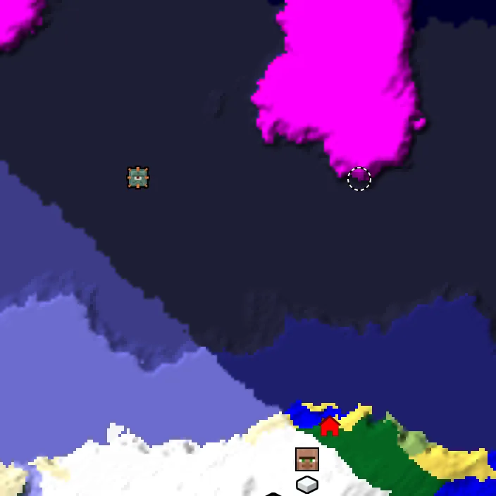 Overworld biome map of seed 876019281330649 around spawn, with the monument and mushroom fields marked