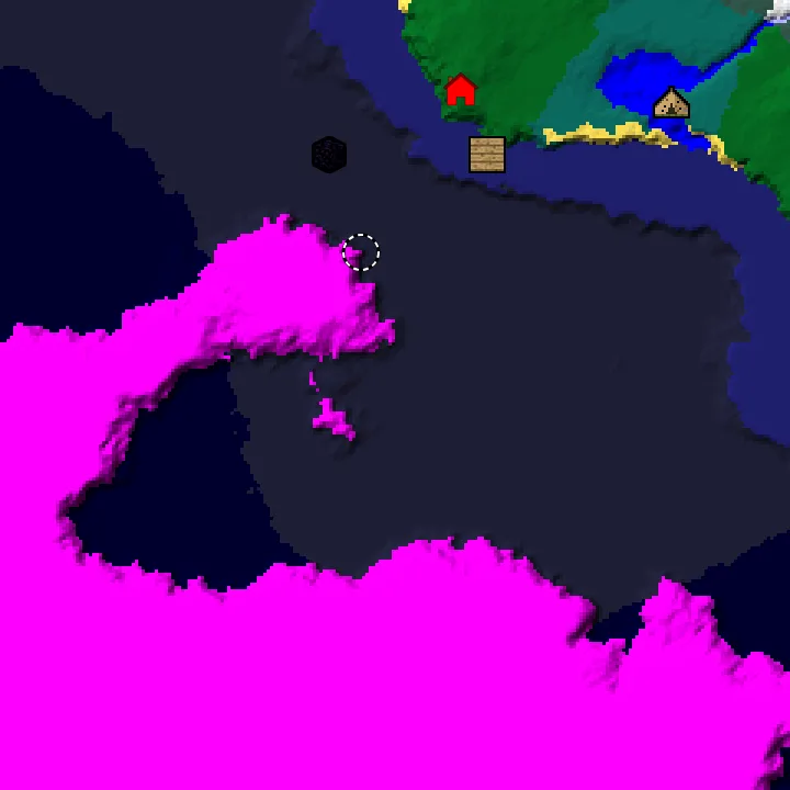 Overworld biome map of seed -4291225404178966385 around spawn, with the mushroom fields marked