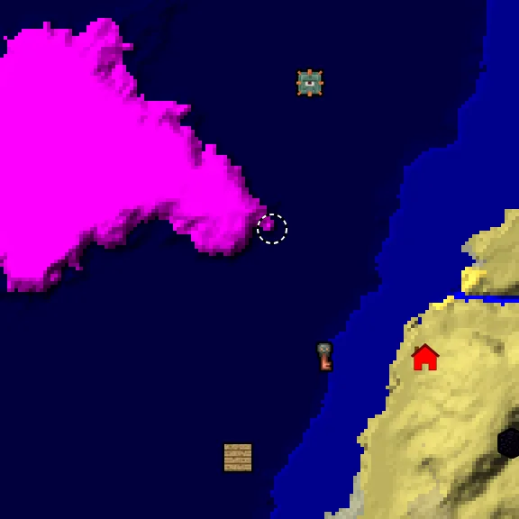 Overworld biome map of seed -5222399596891977076 around spawn, with the mushroom fields marked