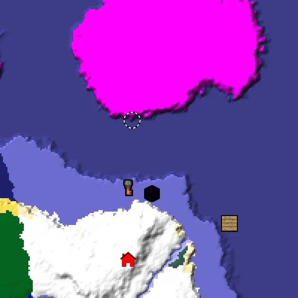 Overworld biome map of seed -7222111417440254417 around spawn, with the mushroom fields marked