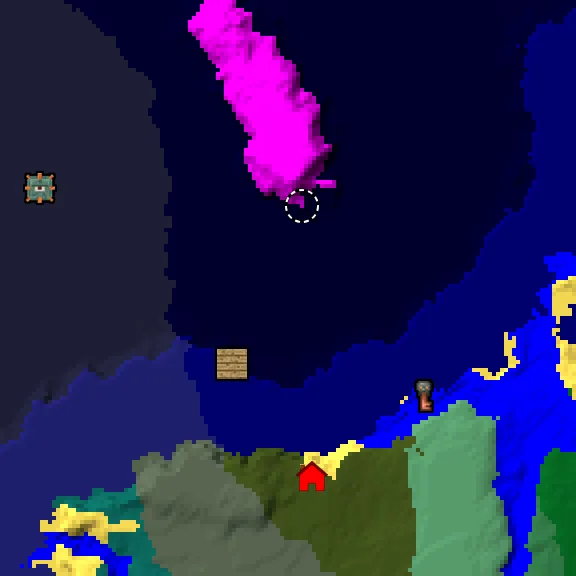 Overworld biome map of seed -8531640712777030001 around spawn, with the mushroom fields marked