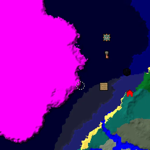Overworld biome map of seed -963374613974828980 around spawn, with the mushroom fields marked