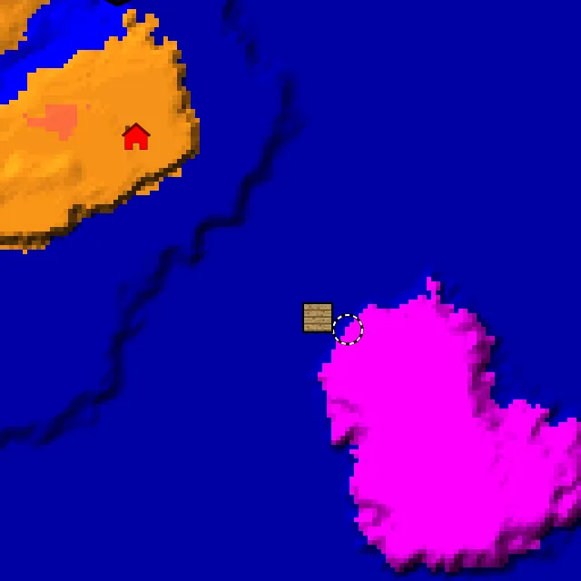 Overworld biome map of seed 3178074831328762545 around spawn, with the mushroom fields marked