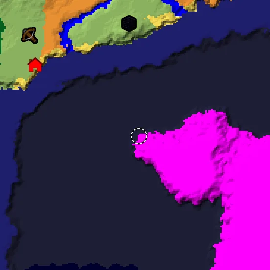 Overworld biome map of seed 5096040350616420880 around spawn, with the mushroom fields marked
