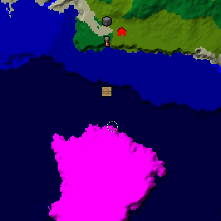 Overworld biome map of seed 5752332856810546851 around spawn, with the mushroom fields marked