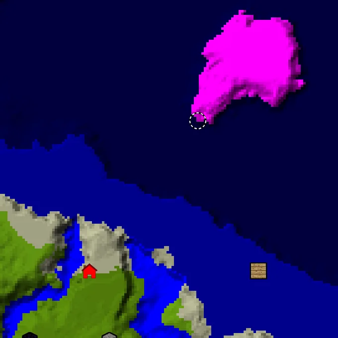 Overworld biome map of seed 7538941640283757942 around spawn, with the mushroom fields marked
