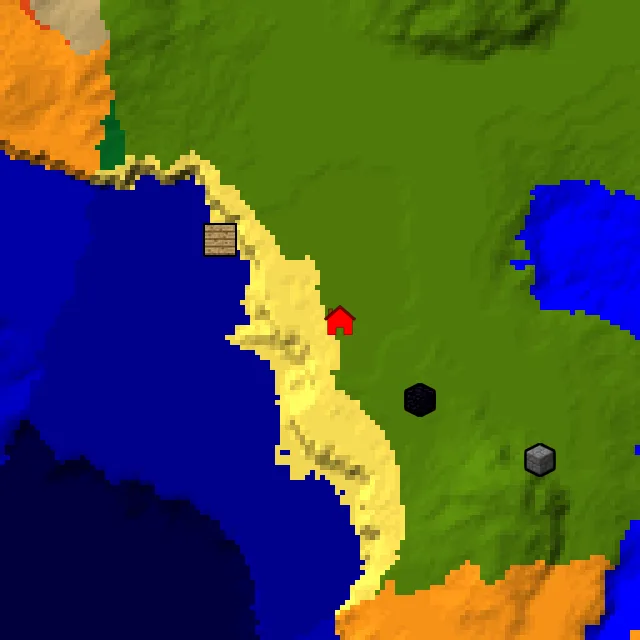 Overworld biome map of seed 1282831805522879 around spawn, with the shipwreck and ruined portal marked