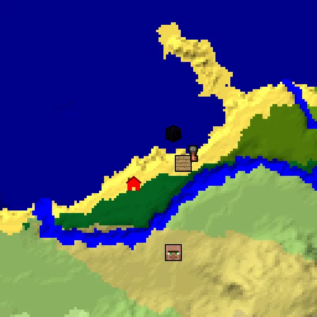 Overworld biome map of seed 253918772807666 around spawn, with the shipwreck and ruined portal marked
