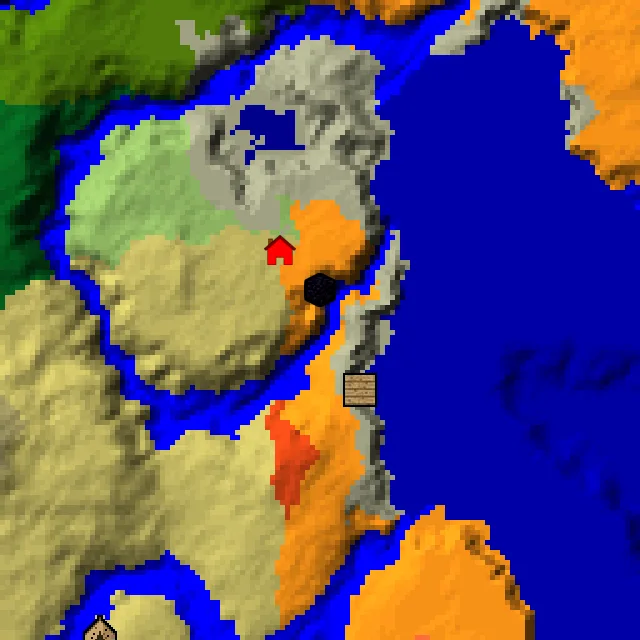 Overworld biome map of seed 59908773697188 around spawn, with the shipwreck and ruined portal marked
