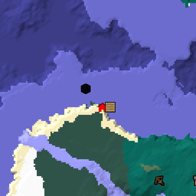 Overworld biome map of seed 662855608430780 around spawn, with the shipwreck and ruined portal marked
