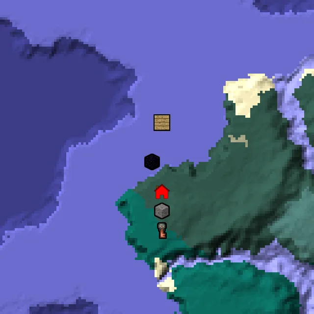 Overworld biome map of seed 719881852101585 around spawn, with the shipwreck and ruined portal marked