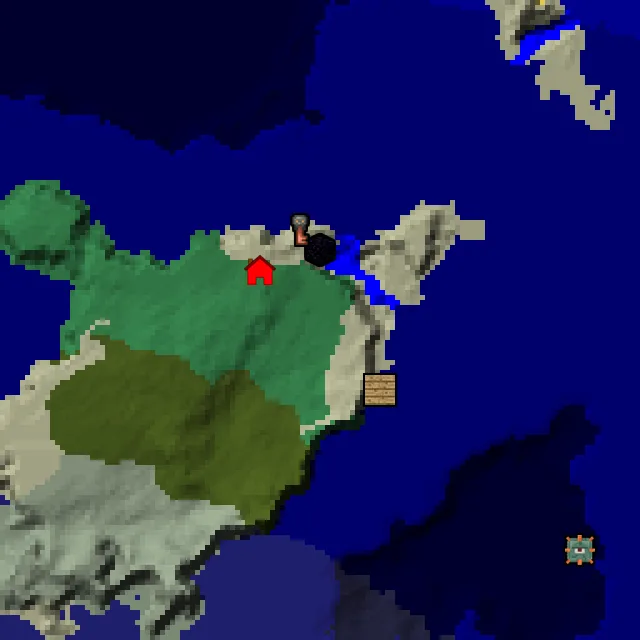 Overworld biome map of seed 839695448267121 around spawn, with the shipwreck and ruined portal marked