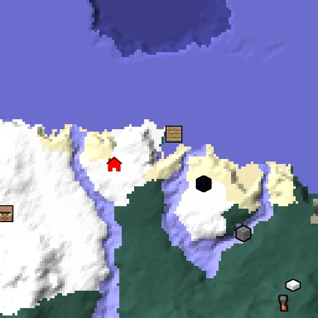 Overworld biome map of seed 992439917676055 around spawn, with the shipwreck and ruined portal marked
