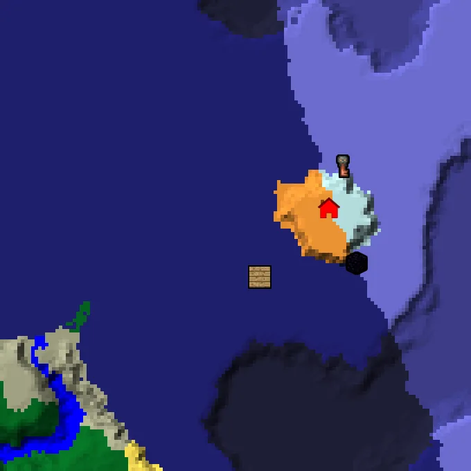 Overworld biome map of seed -6868107009993537766 around spawn, with the spawn marked