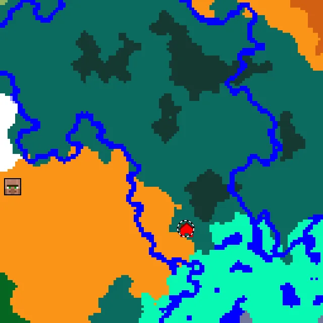 Overworld biome map of seed 4048311053069868991 around spawn, with the taiga marked