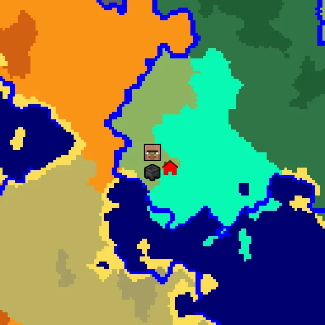 Overworld biome map of seed 400966988444712172 around spawn, with the village and swamp hut marked