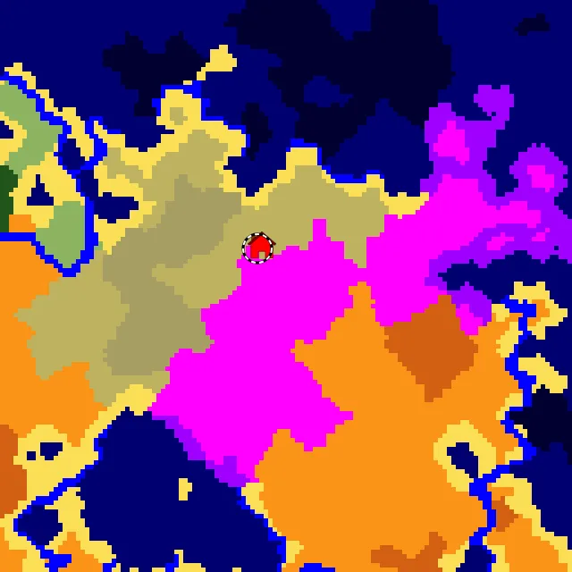 Overworld biome map of seed 6474226958671746305 around spawn, with the mushroom fields marked