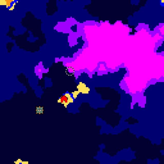 Overworld biome map of seed 65425306169920557 around spawn, with the monument and mushroom fields marked