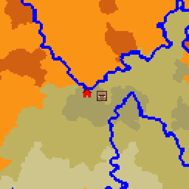 Overworld biome map of seed 4685741785800465 around spawn, with the village marked