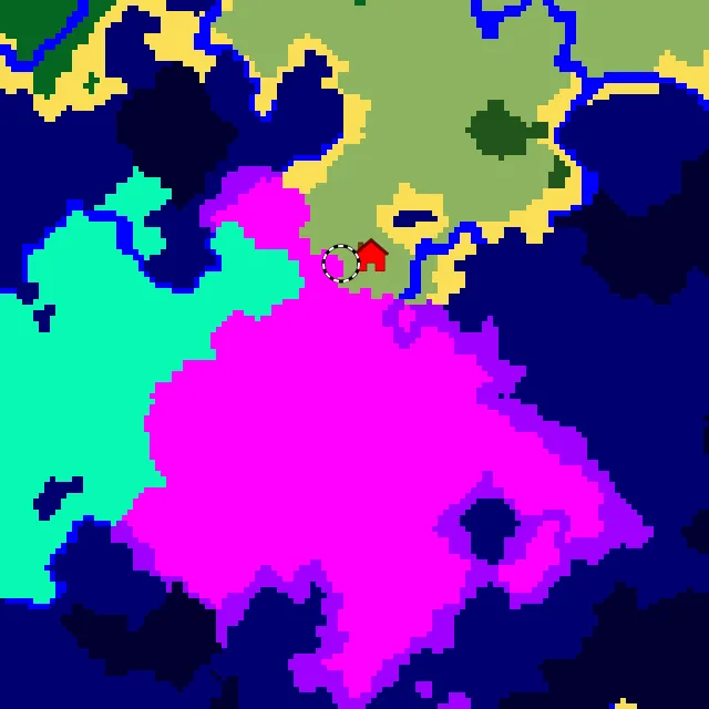 Overworld biome map of seed -6194647098030230154 around spawn, with the mushroom fields marked