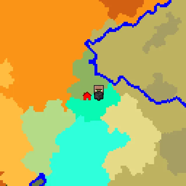 Overworld biome map of seed 182264967863721758 around spawn, with the village and swamp hut marked