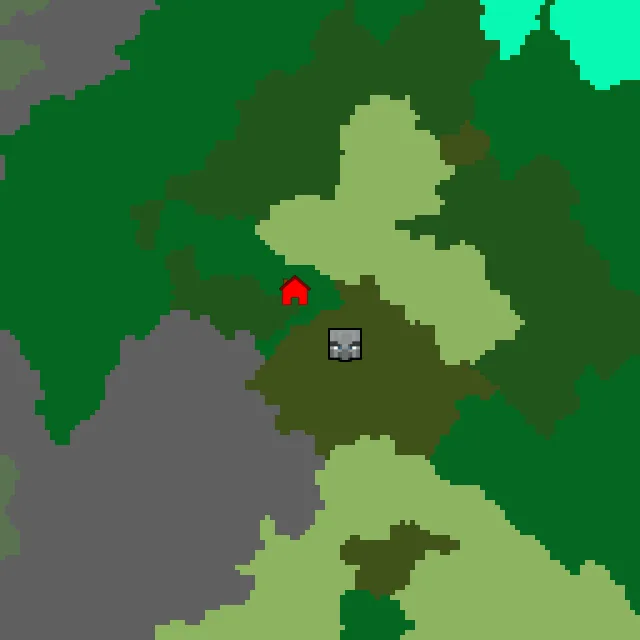 Overworld biome map of seed 38338532120855893 around spawn, with the mansion marked