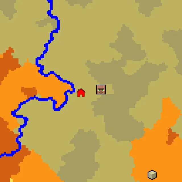 Overworld biome map of seed 545366294130876 around spawn, with the village marked