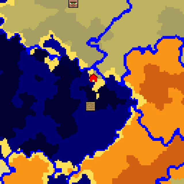 Overworld biome map of seed 1435328243411718 around spawn, with the shipwreck marked