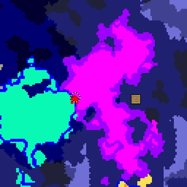Overworld biome map of seed 3685476216879336985 around spawn, with the mushroom fields marked