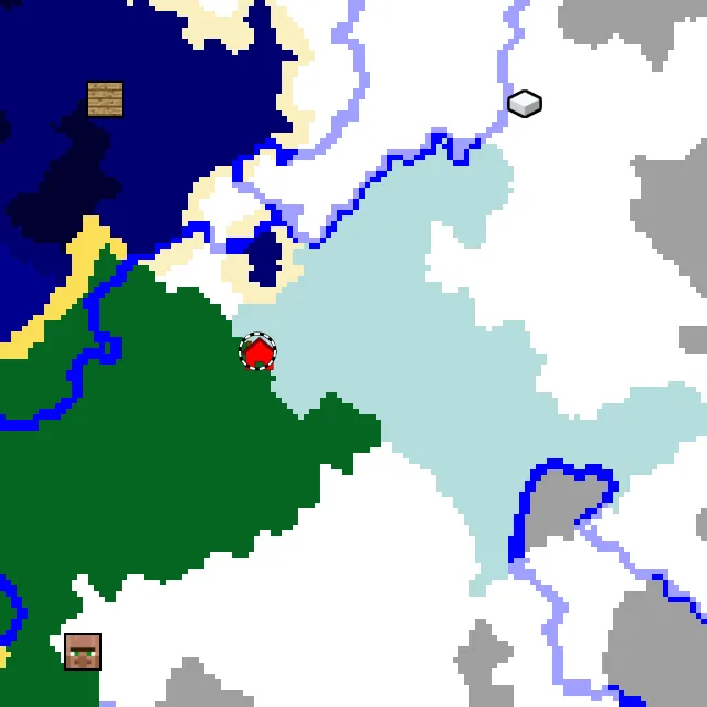 Overworld biome map of seed -1368504005049949739 around spawn, with the ice spikes marked