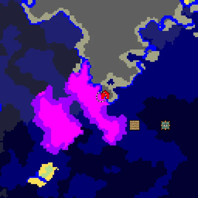 Overworld biome map of seed -6186319202425867024 around spawn, with the mushroom fields marked