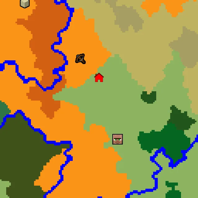 Overworld biome map of seed 1470280886883477 around spawn, with the village and outpost marked