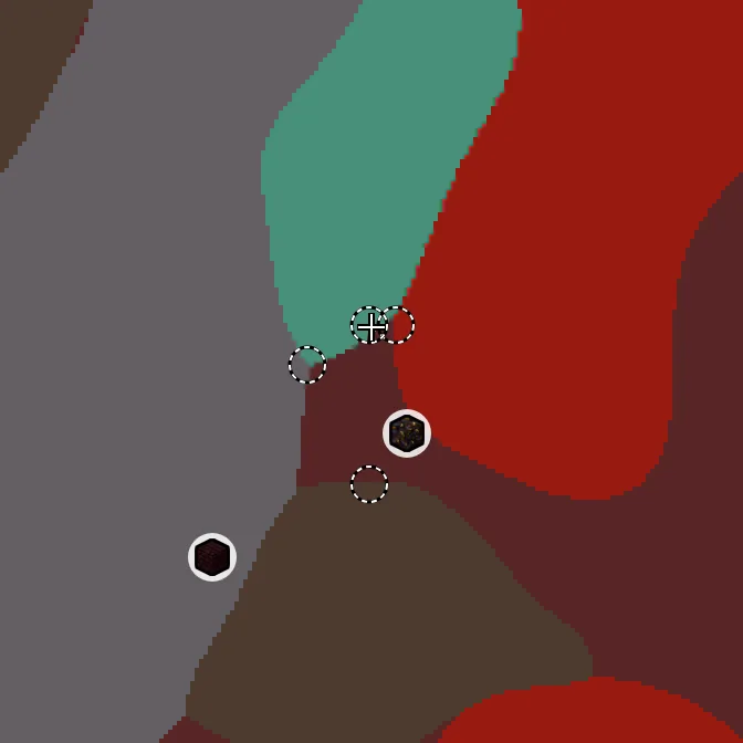 Nether biome map of seed -2375248617894419560 around Nether 0, 0, with the crimson forest and warped forest and soul sand valley and basalt delta marked