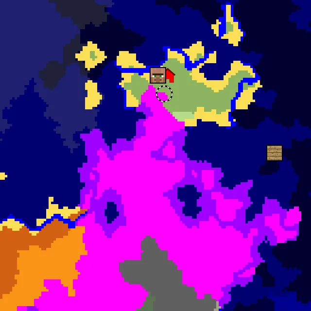 Overworld biome map of seed -4963844312883486743 around spawn, with the mushroom fields marked