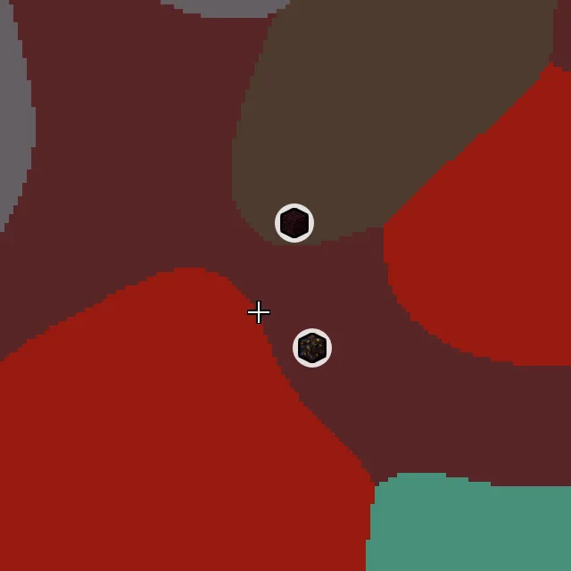 Nether biome map of seed 191773778929026 around Nether 0, 0, with the bastion and fortress marked