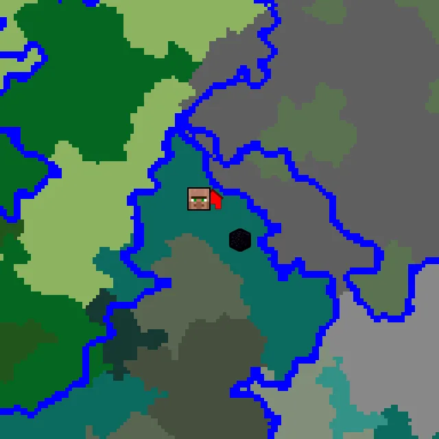 Overworld biome map of seed 947856055573422 around spawn, with the village and ruined portal marked
