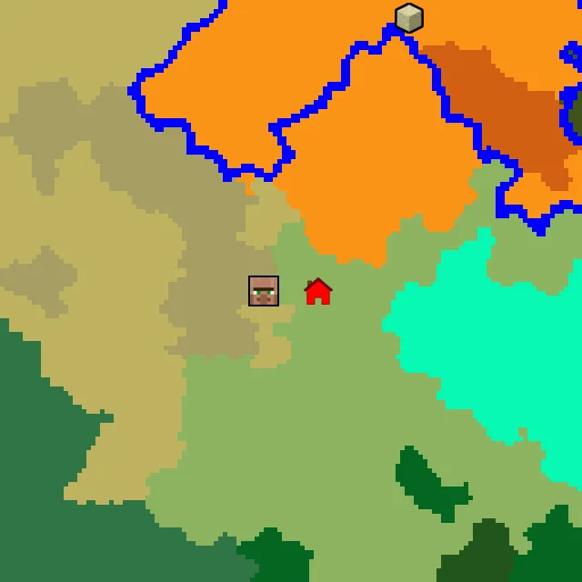 Overworld biome map of seed 150873947013648 around spawn, with the village marked