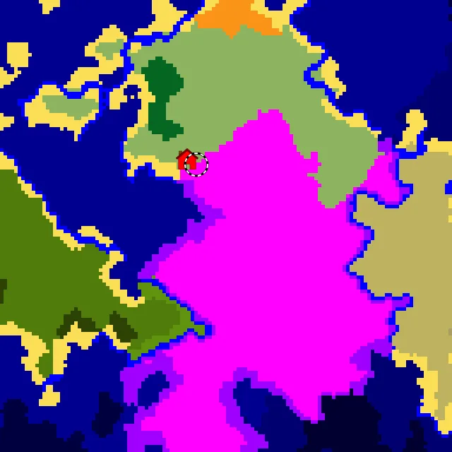 Overworld biome map of seed 1703358811886697422 around spawn, with the mushroom fields marked