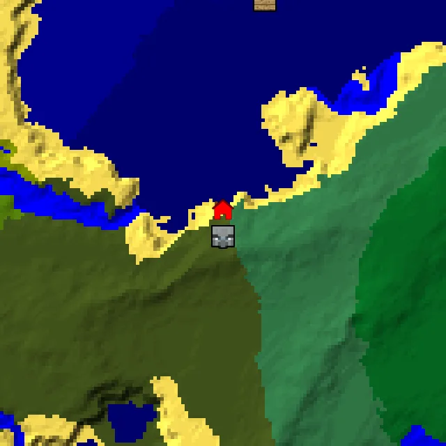 Overworld biome map of seed 1257787932614147 around spawn, with the mansion marked