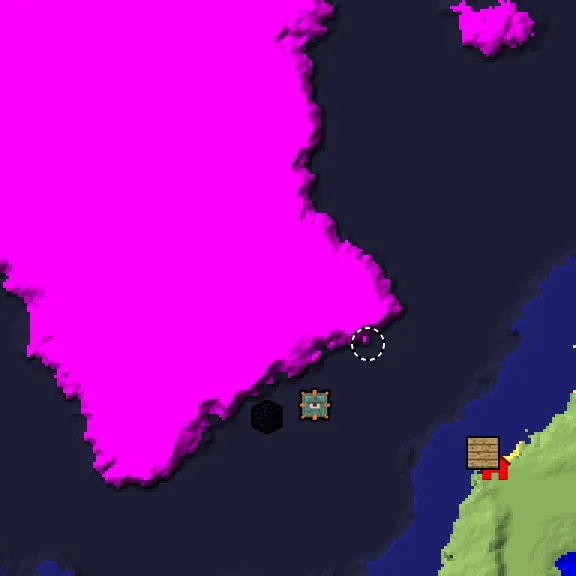 Overworld biome map of seed 1837313616410879242 around spawn, with the mushroom fields marked