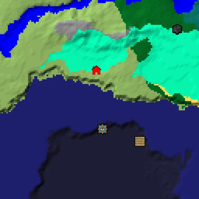 Overworld biome map of seed 2576090928734299 around spawn, with the monument marked