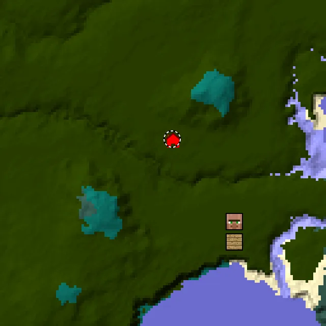 Overworld biome map of seed 3413665292114494 around spawn at Y 0, with the village and lush caves marked