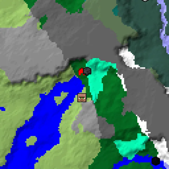 Overworld biome map of seed 61912199234991494 around spawn, with the village and swamp hut marked