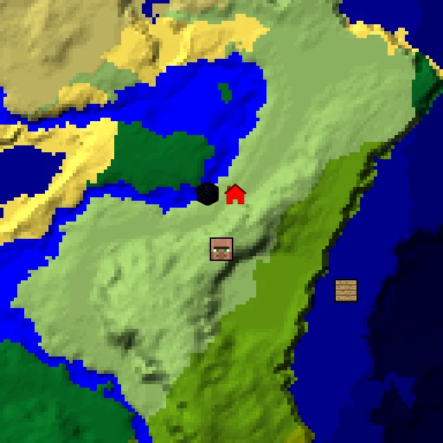 Overworld biome map of seed 951586694299244 around spawn, with the village and ruined portal marked