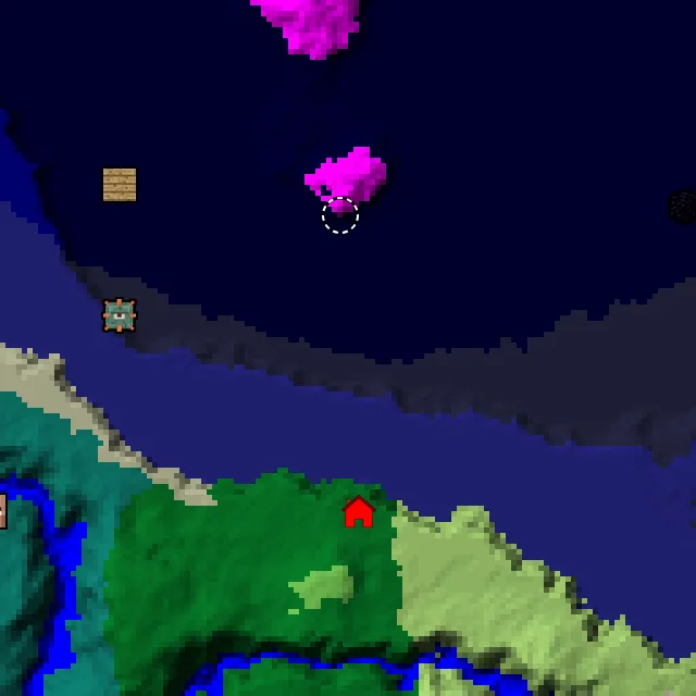 Overworld biome map of seed -3100907940127111444 around spawn, with the mushroom fields marked