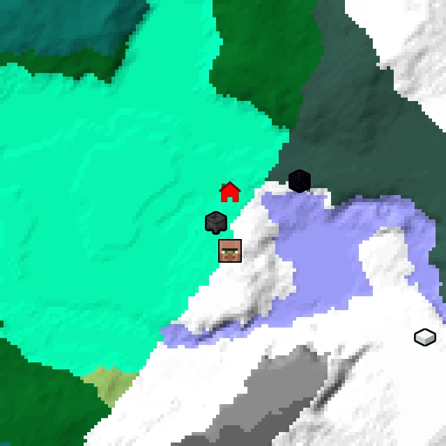 Overworld biome map of seed 1849390104409608676 around spawn, with the village and swamp hut marked